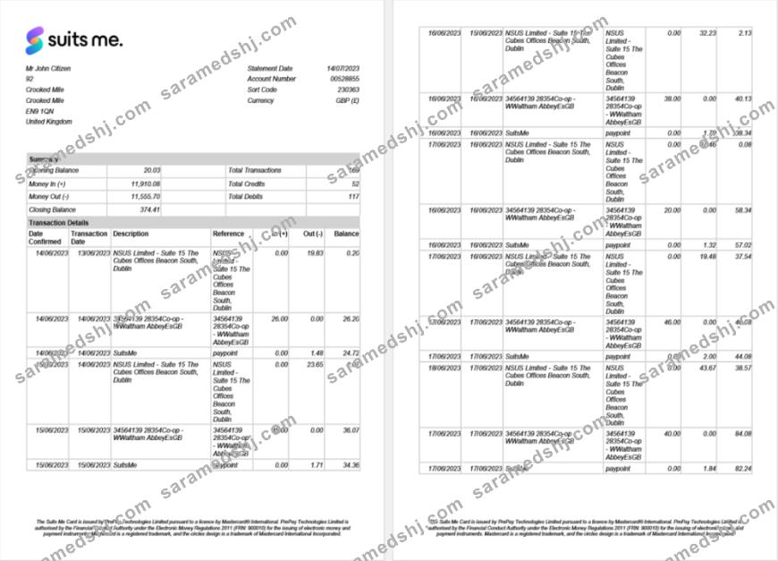 United Kingdom Suits Me bank statement Word and PDF template, 2 pages